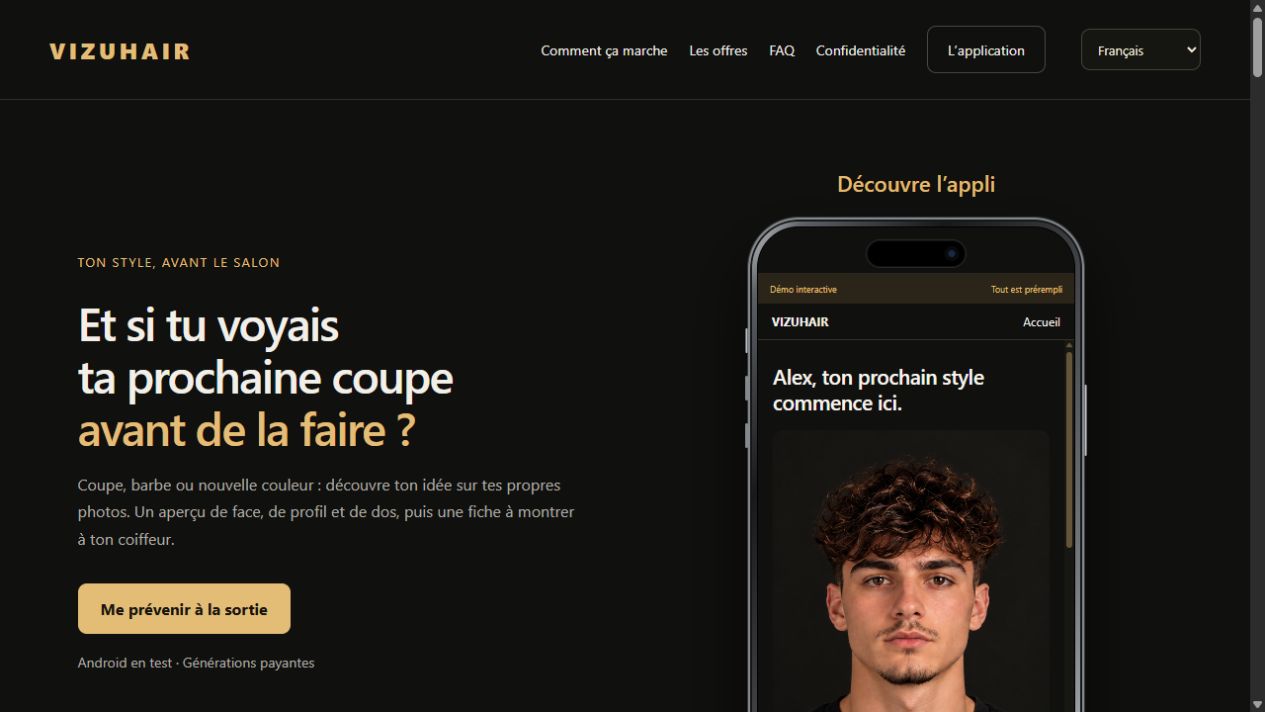 Aperçu réel de la page d’accueil VizuHair